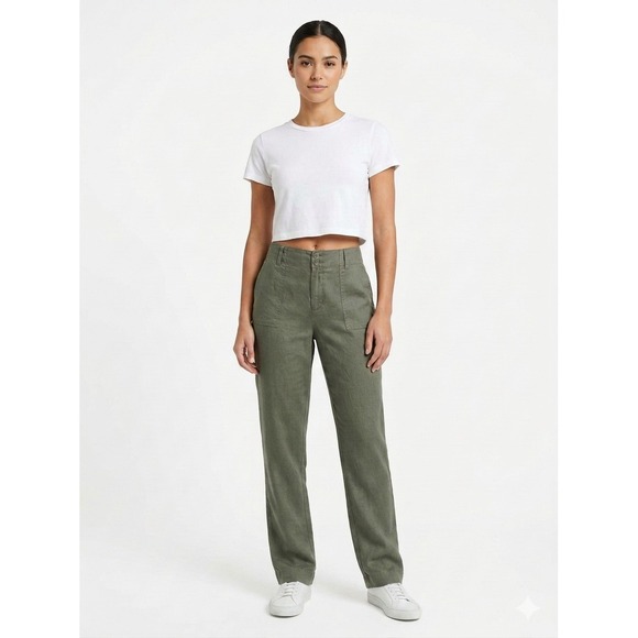 Tahari Pants - Tahari Olive 100% Linen High Waisted Wide Leg Utility Pants Ankle S14